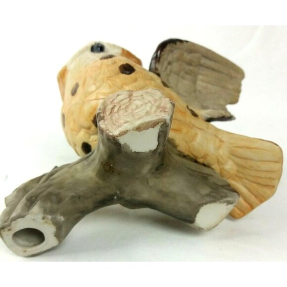 Porcelain Spotted Owl Figurine on Branch Bisque Brown White Wings Out Vintage 5" - Picture 7 of 9